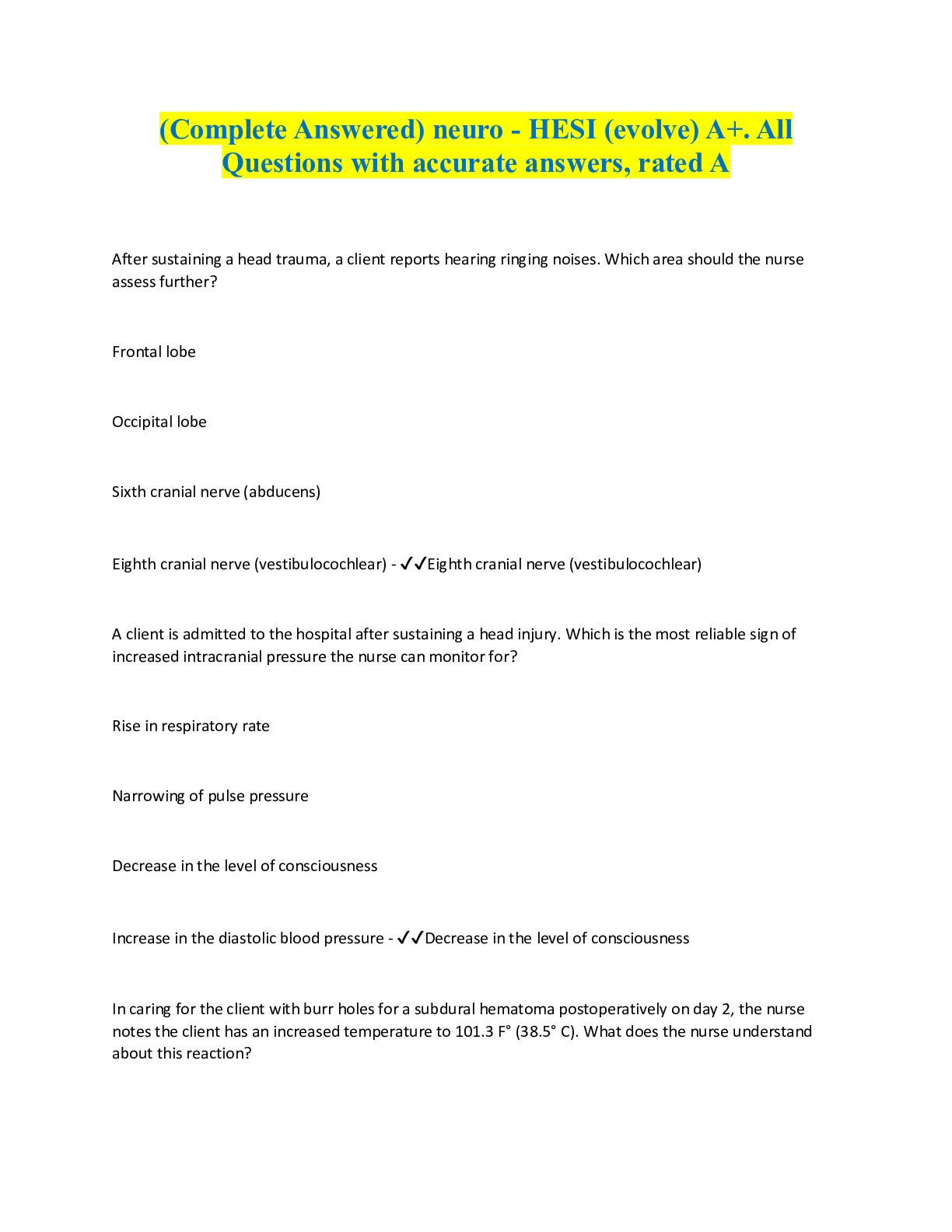 Preview image for (Complete Answered) neuro - HESI (evolve) A+. All Questions with accurate answers, rated A